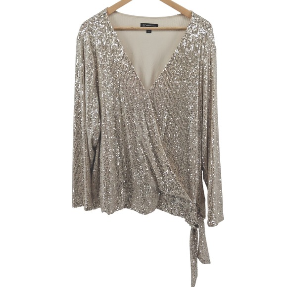 INC International Concepts Plus Size 3X Sequin Wrap Tie Top Champaign Holiday - Picture 1 of 12